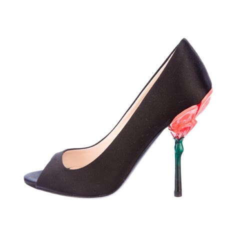 prada satin peep toe with flower heel|Prada velvet pumps.